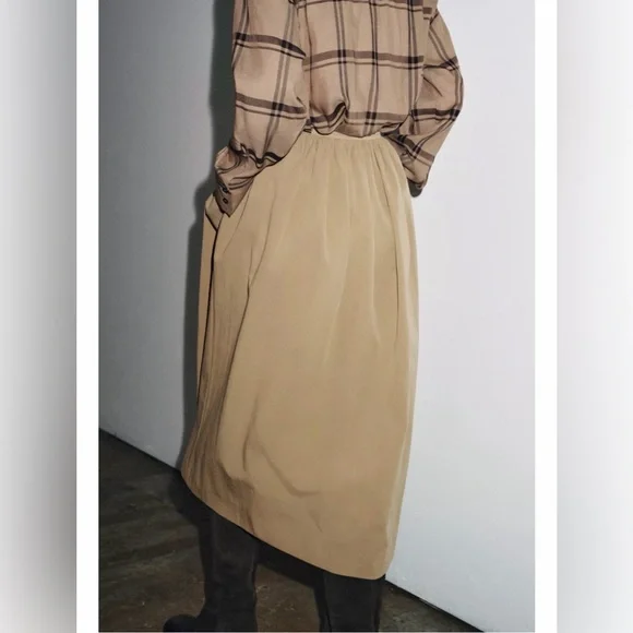 NWT ZARA ZW Collection Cape Midi Skirt Size XL Beige, khaki, taupe - Picture 4 of 13